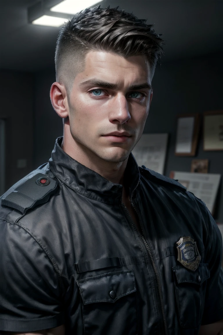 Portrait, Detailedface, ultra realistic, best quality, masterpiece, (perfect face, perfect eyes), RAW photo, 8k uhd, dslr, soft lighting, film grain, ultra detailed, texture detailed, Fujifilm XT3, mature muscular hunk, undercut hair, extremely short hair, police uniform, police pants