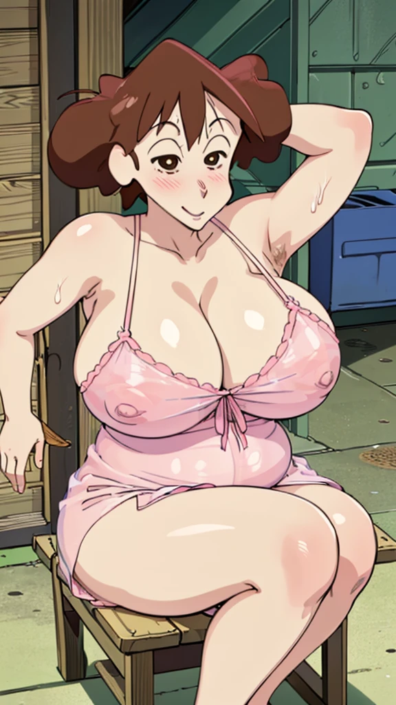 Misae Nohara, (Auntie:1.5), (Mature Woman:1.5), (absurderes, 8K, 4K, masutepiece, hyper extreme detailed:1.2), Best Quality, Perfect Anatomy,Perfect face,High humidity, (Huge breasts:1.7), (A sheer pink nightgown:1.4), (Wet:1.2), (.Alley:1.3), Graffitied wall, Garbage can, Scattered trash, (alone:1.5), (Brown eyes:1.2), (Clothing is revealing:1.2), Exposed shoulders, Torn clothes, Are pregnant, Firm breasts, Upturned nipples, Showing cleavage, Mole on chest, (Thick armpit hair:1.4), (blush:1.2), A kind smile, relief, peace of mind, (maternal:1.3), (Gentle look:1.5), Smiling face, (Outdoor:1.5), (Out:1.3), half closed eyes, naughty face, Sitting in a chair, spread legs, (peeing:1.2), spread pussy