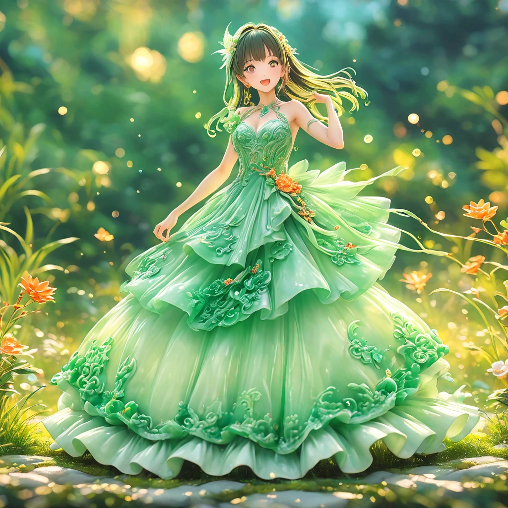 best quality, very good, 16K, ridiculous, Very detailed, charming((( Evening dress 1.3))),Made of translucent jadeite, Background grassland((A masterpiece full of fantasy elements))), ((best quality)), ((Intricate details))(8K)