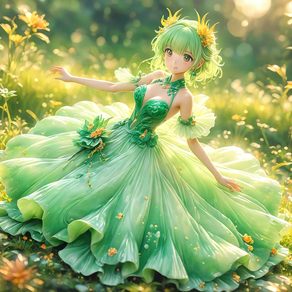 best quality, very good, 16K, ridiculous, Very detailed, charming((( Evening dress 1.3))),Made of translucent jadeite, Background grassland((A masterpiece full of fantasy elements))), ((best quality)), ((Intricate details))(8K)