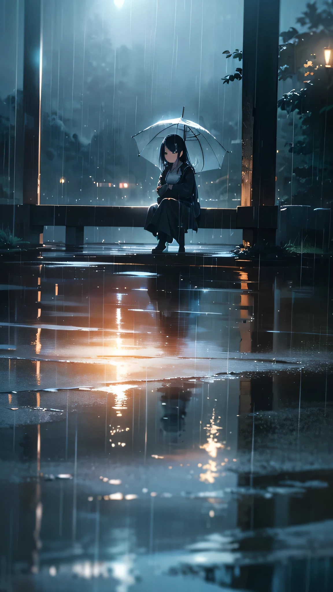 a girl with black hair sitting on a bench in the rain, sad expression, water puddles reflecting her image, fantastical atmosphere, rain glimmering, beams of light, (best quality,4k,8k,highres,masterpiece:1.2),ultra-detailed,(realistic,photorealistic,photo-realistic:1.37),,melancholic,dramatic lighting,moody colors,soft focus,cinematic,atmospheric