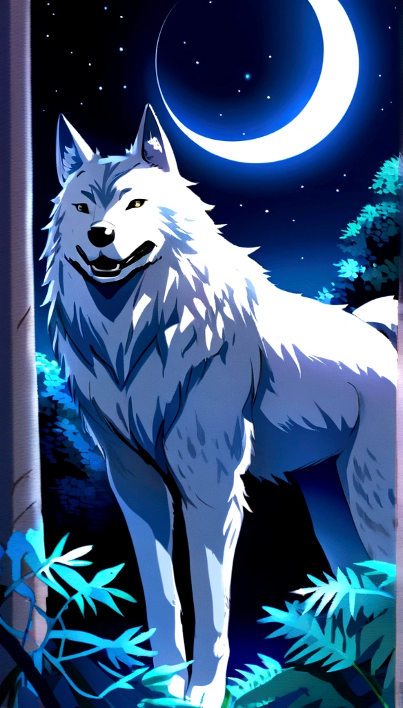 Top image quality、Giant white wolf、tutelary、irate、blue flames、Moon Night、in woods、karo、Pattern