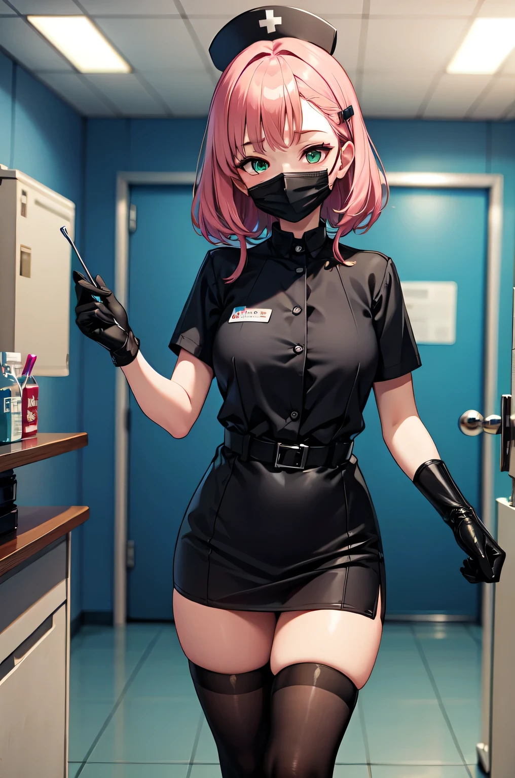 black nurse, 1girl, solo, black nurse cap, black nurse uniform, ((black legwear, zettai ryouiki)), black elbow gloves, pink hair, green eyes, drooping eyes, ((black surgical mask, covered nose)), standing, ((surgery room)), sharp outline, short sleeves, best quality, masterpiece