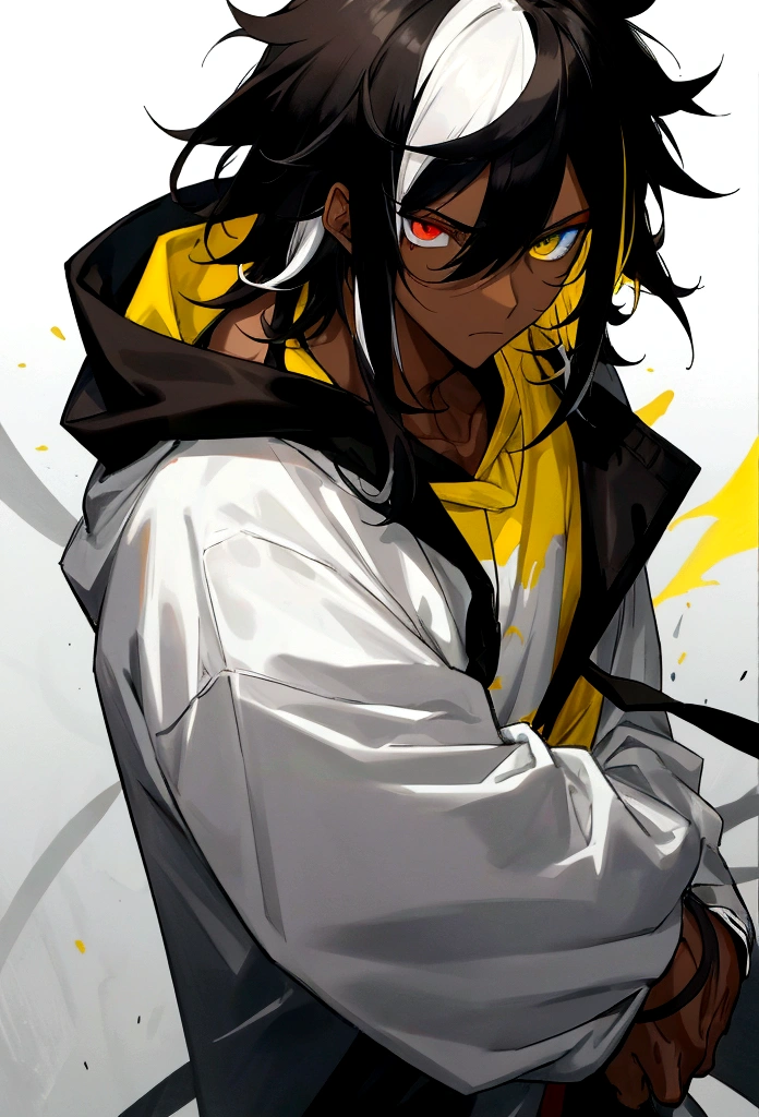 white shirt, wearing a black hoodie , yellow and black eyes heterochromia , , dark expression , Messy hair , Medium length hair , 1 men , multicolored black and white hair , two tone hair , dark skin color