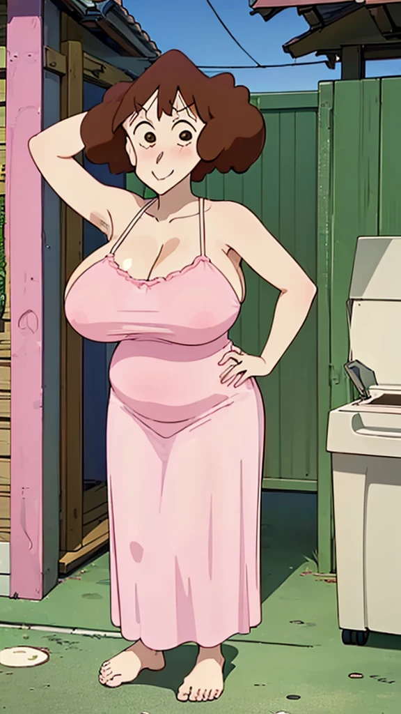 Misae Nohara, (Auntie:1.5), (Mature Woman:1.5), (absurderes, 8K, 4K, masutepiece, hyper extreme detailed:1.2), Best Quality, Perfect Anatomy,Perfect face,High humidity, (Huge breasts:1.7), (A sheer pink nightgown:1.4), (Wet:1.2), (.Alley:1.3), Graffitied wall, Garbage can, Scattered trash, (alone:1.5), (Brown eyes:1.2), (Clothing is revealing:1.2), Exposed shoulders, Torn clothes, Are pregnant, Firm breasts, Upturned nipples, Showing cleavage, Mole on chest, (Thick armpit hair:1.4), (blush:1.2), A kind smile, relief, peace of mind, (maternal:1.3), (Gentle look:1.5), Smiling face, (Outdoor:1.5), (Out:1.3), half closed eyes, naughty face, Sitting in a chair, spread legs, (peeing:1.2), spread pussy, (Two men stand on either side:1.5)