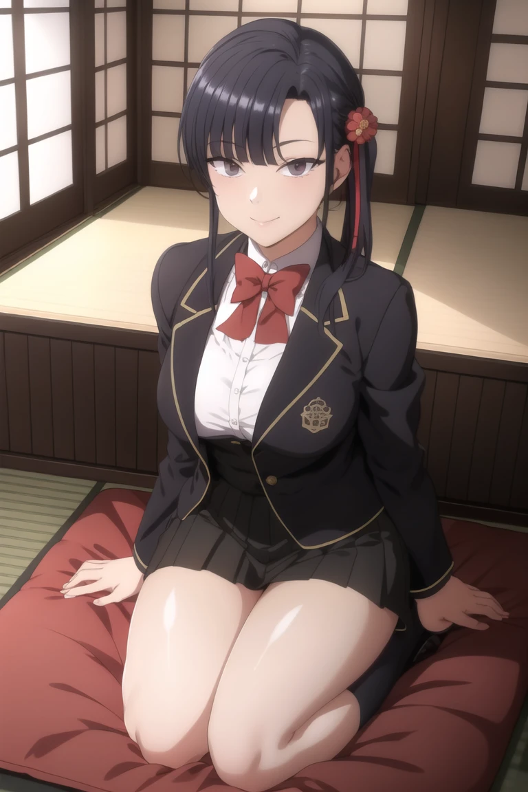 masterpiece, Highest quality, Very detailed , MyjmSkr-KJ, Black Skirt, View your viewers, smile, Pleated skirt, Collared shirt, Long sleeve, Sitting, Mouth closed, , Jacket, Hair Ribbon, flower, socks, indoor, Side Ponytail, Knee-high, Red Bow, seiza, tatami, sliding door, flower瓶, Place your hands on your thighs, Japanese cushion