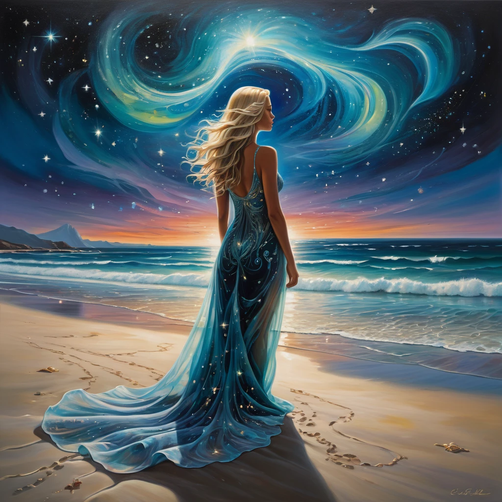 In the foreground, a blonde woman with long, flowing hair stands on a sandy beach. She wears a transparent, fluid dress that seems to be made of swirling, ethereal patterns reminiscent of the Northern Lights. Her face is turned towards the sky, as if contemplating the wonders of the universe. Her bare feet are buried in the sand, and her dress floats around her like a cloud. In the background, the beach stretches towards the horizon. The sand is pristine white, and the sea is a deep blue. Gentle waves break on the shore, creating a soothing rhythm. The night sky is filled with sparkling stars. A majestic galaxy swirls above the beach, forming a giant, detailed eye in the sky. The vibrant colors of the eye reflect beautifully on the bioluminescent, crystalline water below. The overall atmosphere of the painting is dark, ethereal, and enchanting. The bioluminescent light from the sea creates a magical, fairy-tale ambiance, while the sparkling stars and swirling galaxy add a sense of mystery and vastness. The woman standing on the beach seems to be in communion with nature and the universe, adding a touch of serenity to the scene. The general style of the painting is fantastic or supernatural. The vivid colors, fluid shapes, and intricate details create an imaginative and captivating world. The painting is reminiscent of works by masters such as Salvador Dalí and René Magritte, known for their explorations of dreams, the unconscious, and the strange.