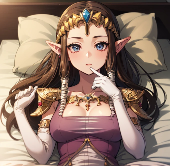 ((上からのアングル)),((ボトムレス)),((doggystyle)),((penis in pussy)),((Princess Zelda)),((the legend of zelda)),((後ろからのアングル)),((upper body)),Anime art style,masterpiece,(Dark brown hair), (Very detailed),(Very delicate and beautiful),(alone),(((()))),(Detailed face and eyes),Beautiful eyes like jewels,(),(((Mature Woman,Queen))),((1 Queen in a beautiful)),((crinoline)),(((Long Straight Hair))),(Very beautiful mature woman),,length_gloves,hair accessory,Sparkling,((Lying in bed))
