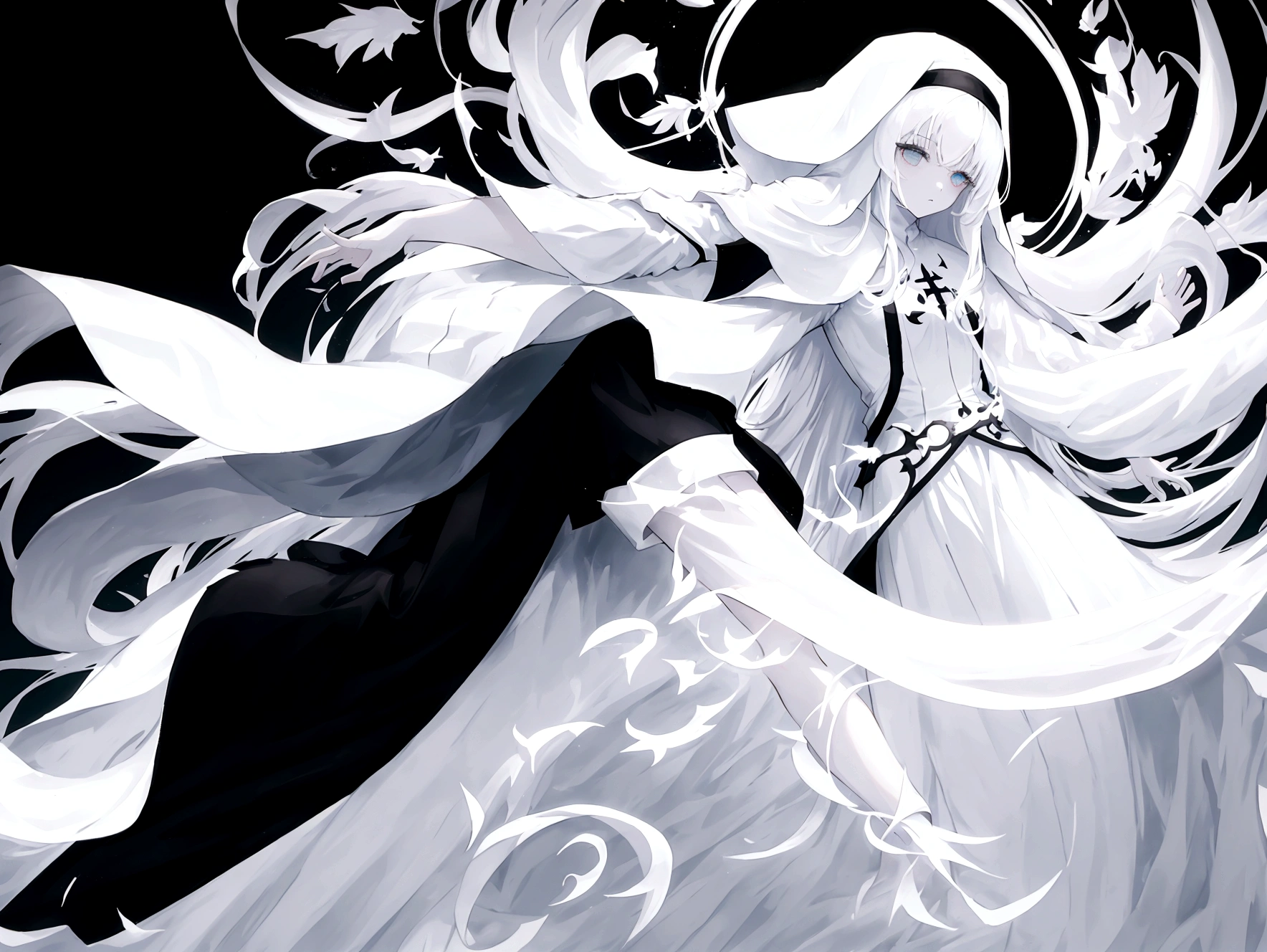 Character (hair bangs) (white long hair) (white pale skin) (battle nun-style clothing) (black clothing) (character in dynamic pose) (perspective angle taken) (full body)