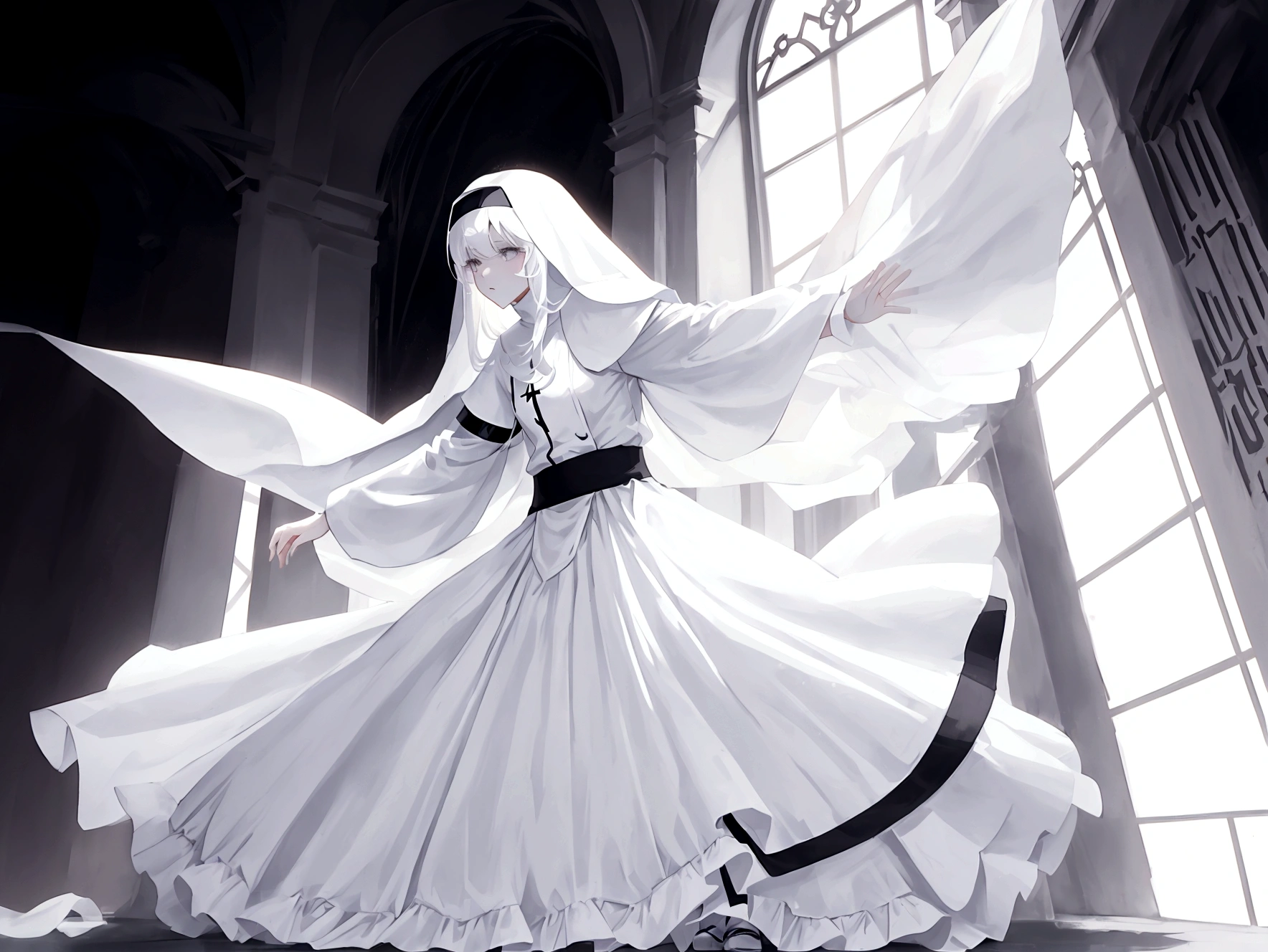 Character (hair bangs) (white long hair) (white pale skin) (battle nun-style clothing) (black clothing) (character in dynamic pose) (perspective angle taken) (full body)