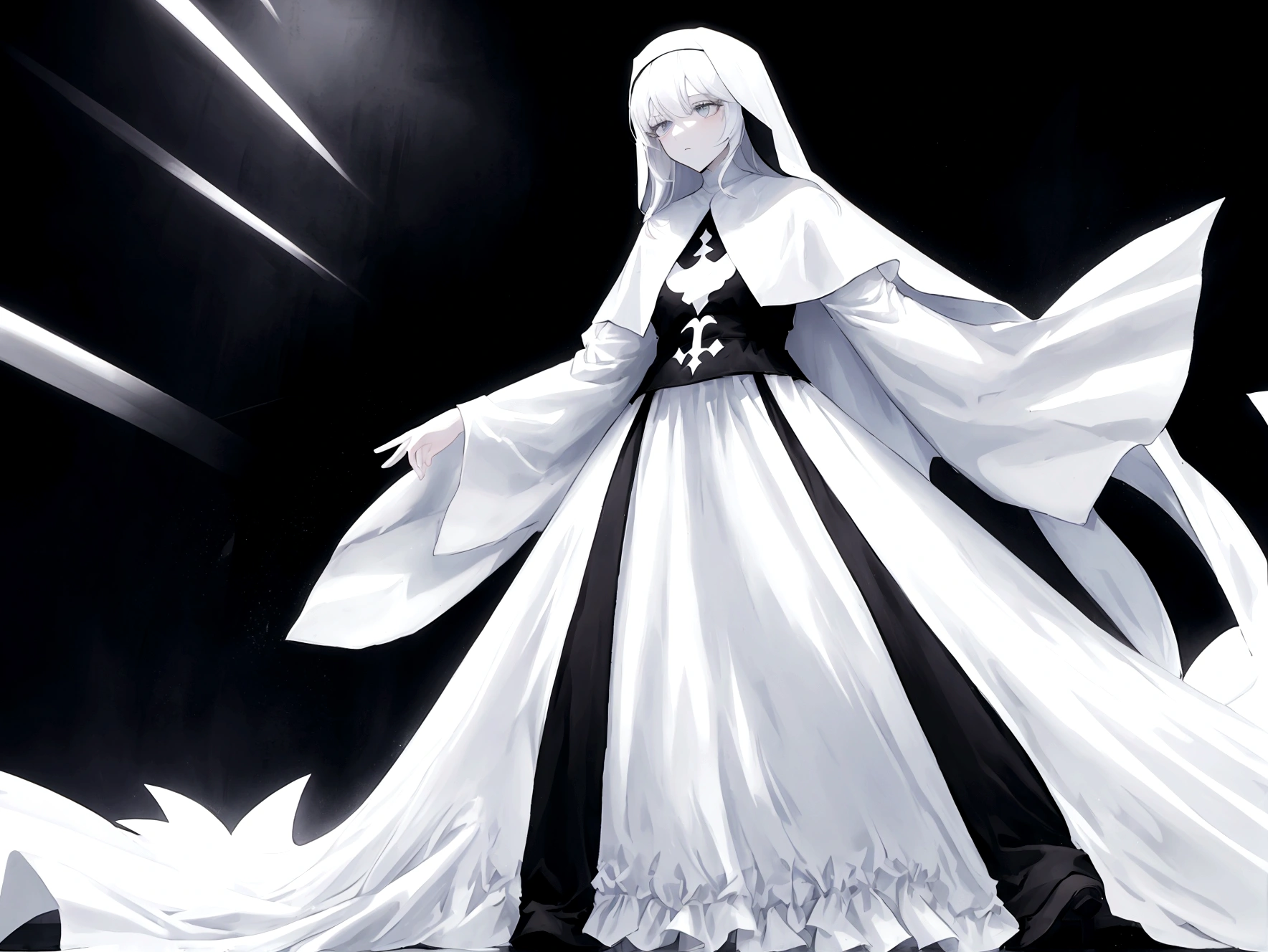 Character (hair bangs) (white long hair) (white pale skin) (battle nun-style clothing) (black clothing) (character in dynamic pose) (perspective angle taken) (full body)
