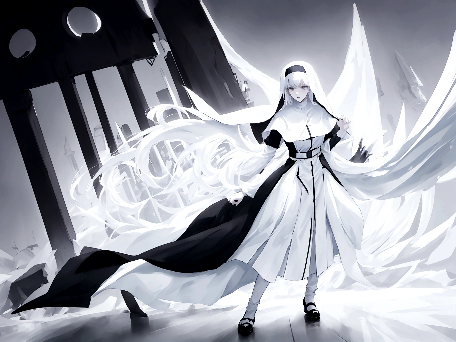 Character (hair bangs) (white long hair) (white pale skin) (battle nun-style clothing) (black clothing) (character in dynamic pose) (perspective angle taken) (full body)