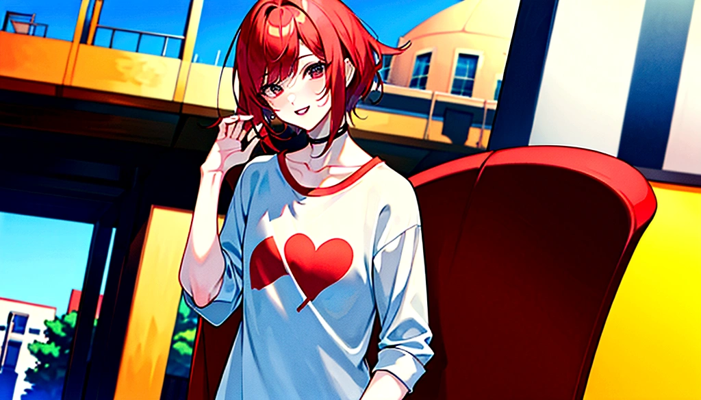 Anime Girl，Red-haired girl，short hair，whole body，Sexy，Handsome，neutral，Street dressing。