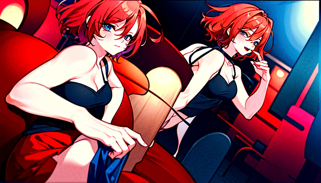 Anime Girl,Red-haired girl,short hair,whole body,Sexy,Handsome,neutral,Street dressing。