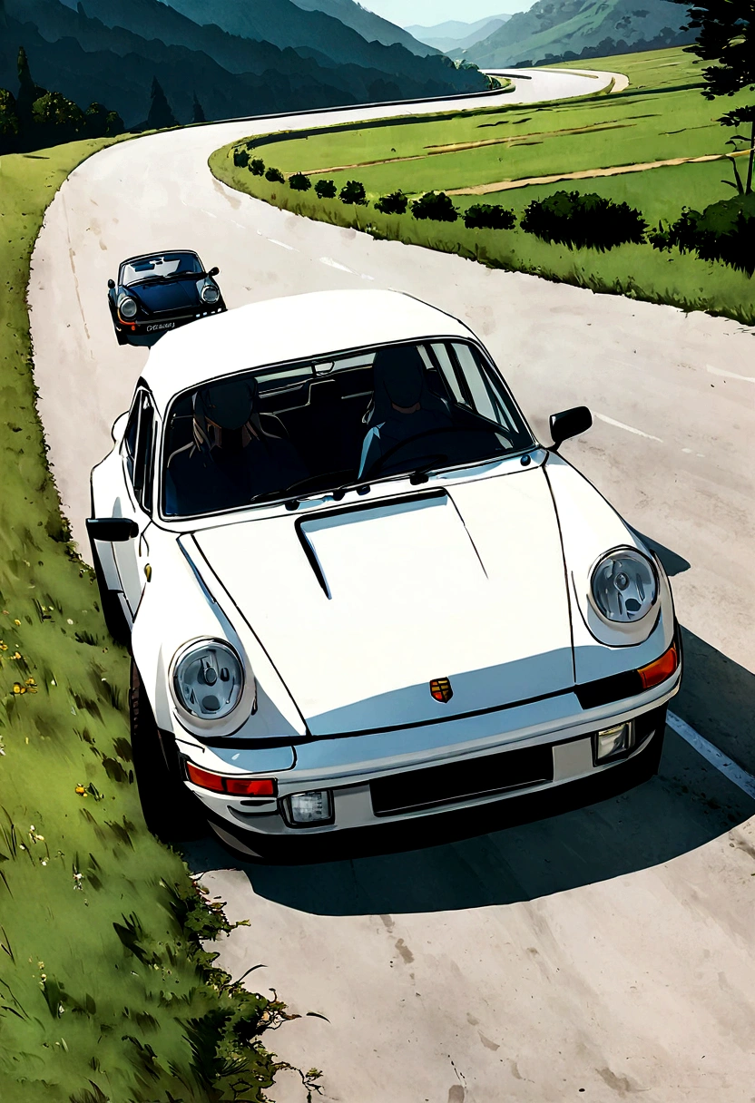 il y a une Porsche 911 Carrera RS 3 blanche, conduite sur route de montagnes enneigées, Porshe, fond d'écran de haute qualité, Rob Rey et Kentaro à la manière de Miura, fond d'écran incroyable, porsche 911 conduite, par Liam Wong, voiture sportive, anime belle scène de paix, kentaro miura art, Par Yoshihiko Wada, Art animé des années 70
