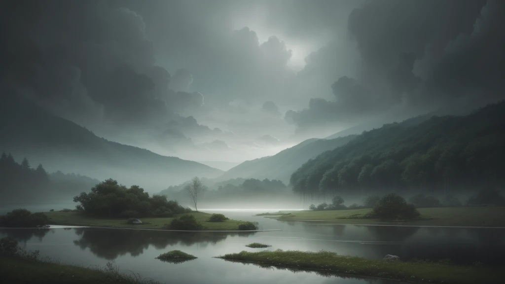 a serene, calming landscape with a rainy atmosphere, featuring a soft piano melody, gentle synth pads, and a low-volume, soothing ambience that induces a sense of relaxation and sleepiness. The image should have a muted, pastel color palette and a dreamlike, ethereal quality.