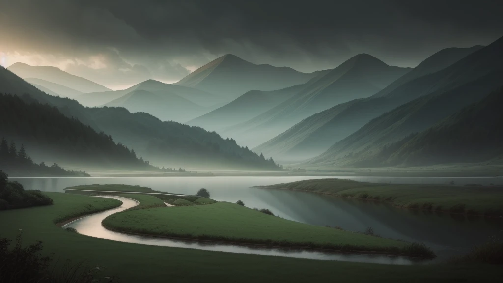 a serene, calming landscape with a rainy atmosphere, featuring a soft piano melody, gentle synth pads, and a low-volume, soothing ambience that induces a sense of relaxation and sleepiness. The image should have a muted, pastel color palette and a dreamlike, ethereal quality.