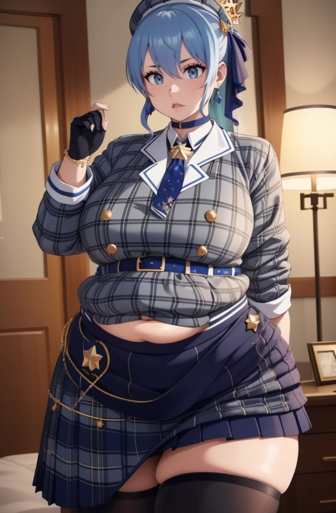 (best quality,4k,8k,highres,masterpiece:1.2), ultra-detailed, (realistic,photorealistic,photo-realistic:1.37), HDR, UHD, studio lighting, ultra-fine painting, sharp focus, physically-based rendering, extreme detail description, professional, vivid colors, bokeh, portraits, photography, (best quality,masterpiece:1.3), (mature woman, milf), (tall:1.2), anime, masterpiece, beautiful eyes, best quality, detailed face, 1girl, solo, beautiful, SuiseiBase, plaid beret, crown, blue star choker, star earrings, blue ascot, plaid jacket, plaid skirt, layered skirt, partially fingerless gloves, star bracelet, uneven legwear, thigh strap, huge belly, bloated belly, stuffed belly, plump, chubby, curvy, chubby girl, belly, big belly, fat belly,