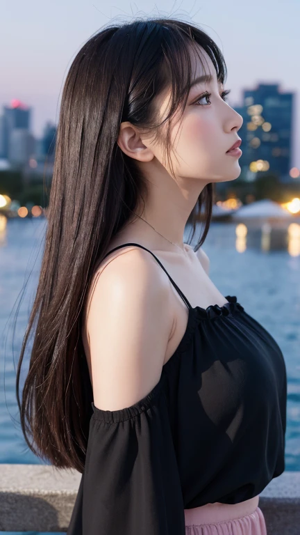 ((Highest quality)),((最high resolution)),((high resolution)),((detailed)),((High definition)),((8K)),((Perfect body)),((Perfect Face)),((Realistic)),((Real)),((Realistic)),((Beauty)),Wharf、Outdoor、City、Night view、Black Hair、((Only the tips of the hair are pink))、Straight long hair、Very dense makeup、((Black clothes))、Black ruffled off-shoulder top、Slanted Eyes、White Skirt、(big breasts:1.1)、profile、Angle of view from the side、A melancholic look、((profile))