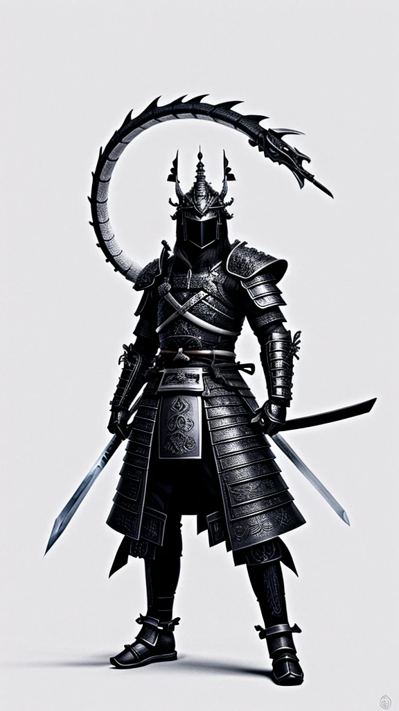 Create a samurai with armor, and with more space with a dragon around it, drawing style, all black and white if possible, do on white background