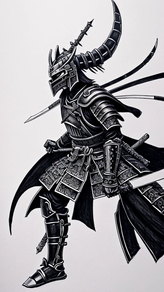 Create a samurai with armor, and with more space with a dragon around it, drawing style, all black and white if possible, do on white background
