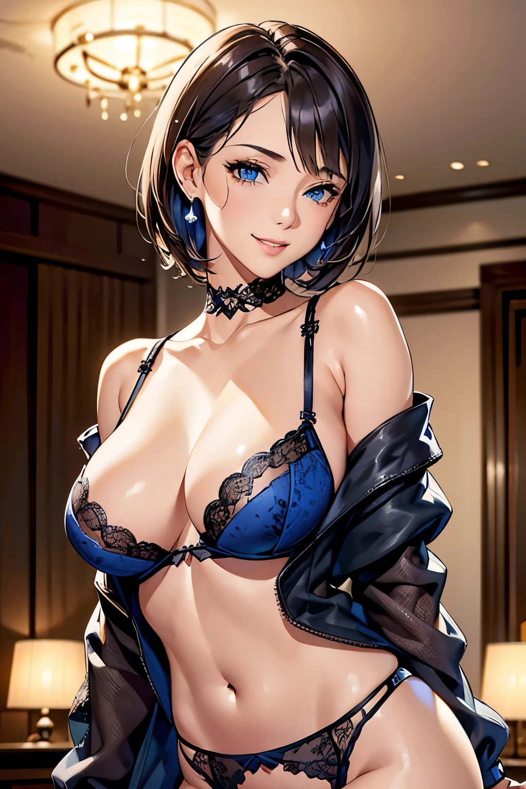 Brown short hair, Blue eyes, Tilt your head, Intricate black lace three-point bra, Detailed lace black panties、Focus on panties、Intricate black lace choker、Glowing blue earrings、Smile、kind