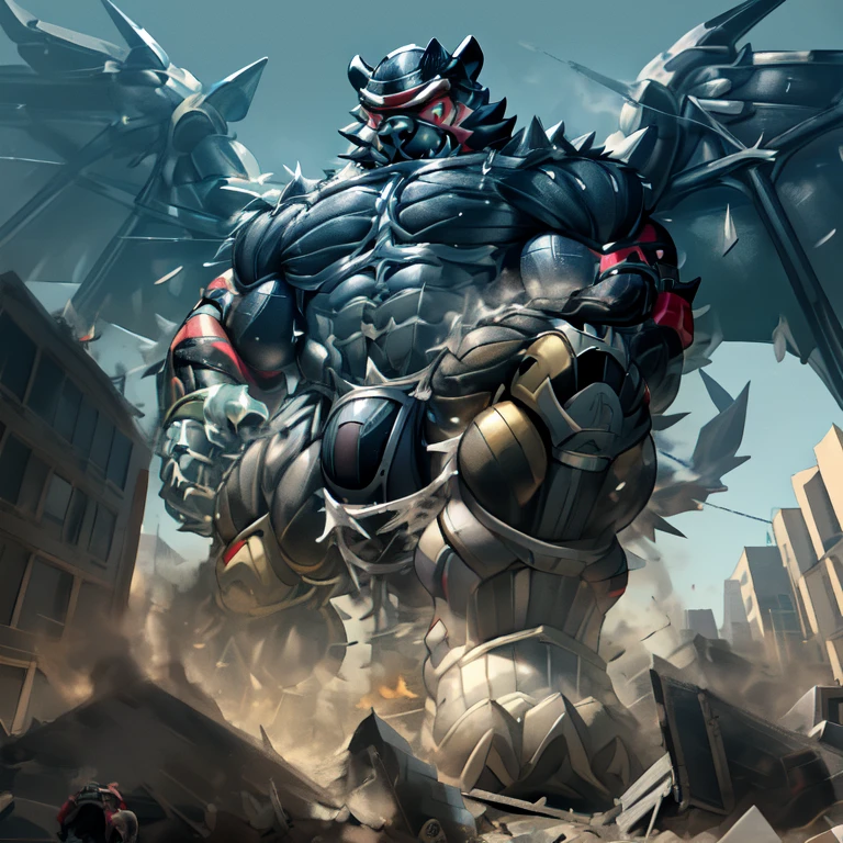 (masterpiece. official art. 8k. best quality. detailed full body. full body.)
(situation 1 : dominating Incineroar. Muscular Incineroar is trampling the CITY. macro. stomp. Low-angle perspective. emphasizing the immense size. The perspective is from below, emphasizing the sheer majesty and power of the Giant. giant art. He is much bigger than a skyscraper. Giga Giants. micro soccer field. looking down.)
(situation 2 :smoke and flames rising from the destruction in the city)
(Additional details 1: wearing a full-face helmet. helmet is jet black. The color of NANOSUIT is jet black. high-tech bio-mecha armor. real texture material. whole body shines like metal. Wearing cyberpunk mecha. emphasizes the muscles. suit fully made of metal. intricate armor. Robotic suit. NANOSUIT with the same design as Incineroar.).
(Additional details 2: (Detailed head. Detailed Body. Detailed abs. gigantic muscles. HYPER MUSCLES. Gigachad Muscular. big muscle. pecs. triceps. traps. unusually developed muscular body. body full of huge muscles. showing off muscles. pectorales enormes. Exaggeratedly huge muscles. huge muscles. long legs.).
(Additional details 3: nj5furry, Spread wings. It has wings. black have big wings. The claws are sharp. ). (Incineroar has 5 toes.)
(Additional details 4: black color hyper penis. hyper black penis. big penis) (Additional details 6 : Spraying hyper cum up everywhere into the sky from his erect penis. wide spray of cum, covered in cum, cum splashing in front of camera, bukkake, earth is under a thick later of cum.) He is laughing defiantly.