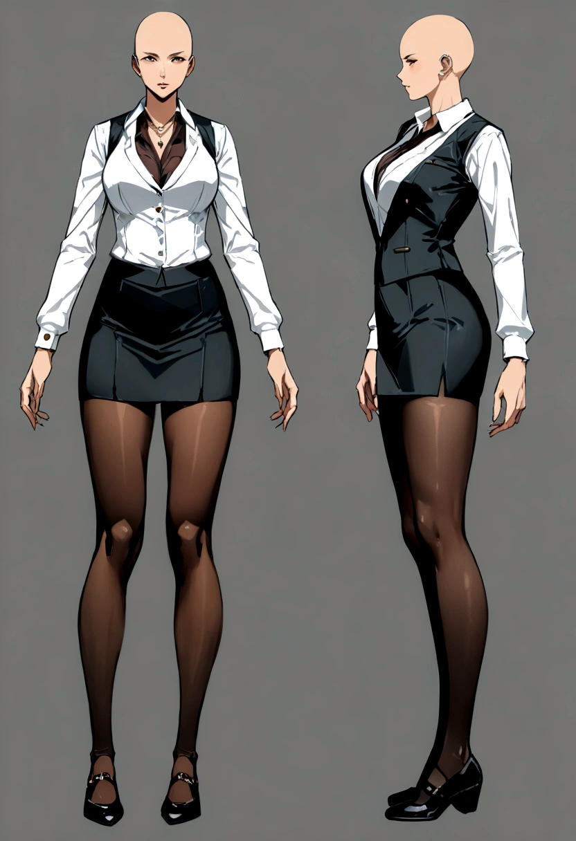 digital art, highly detailed, reference sheet, standing pose, feminine features, mature woman, adult female, whole body, bald, form-fitting, revealing neckline, business vest, V-neck blouse, skirt, stockings, shoes, 1woman, solo, upper body, lower body, ((Extremely Detailed)), ((Best Quality)), ((Masterpiece)), ((4k))