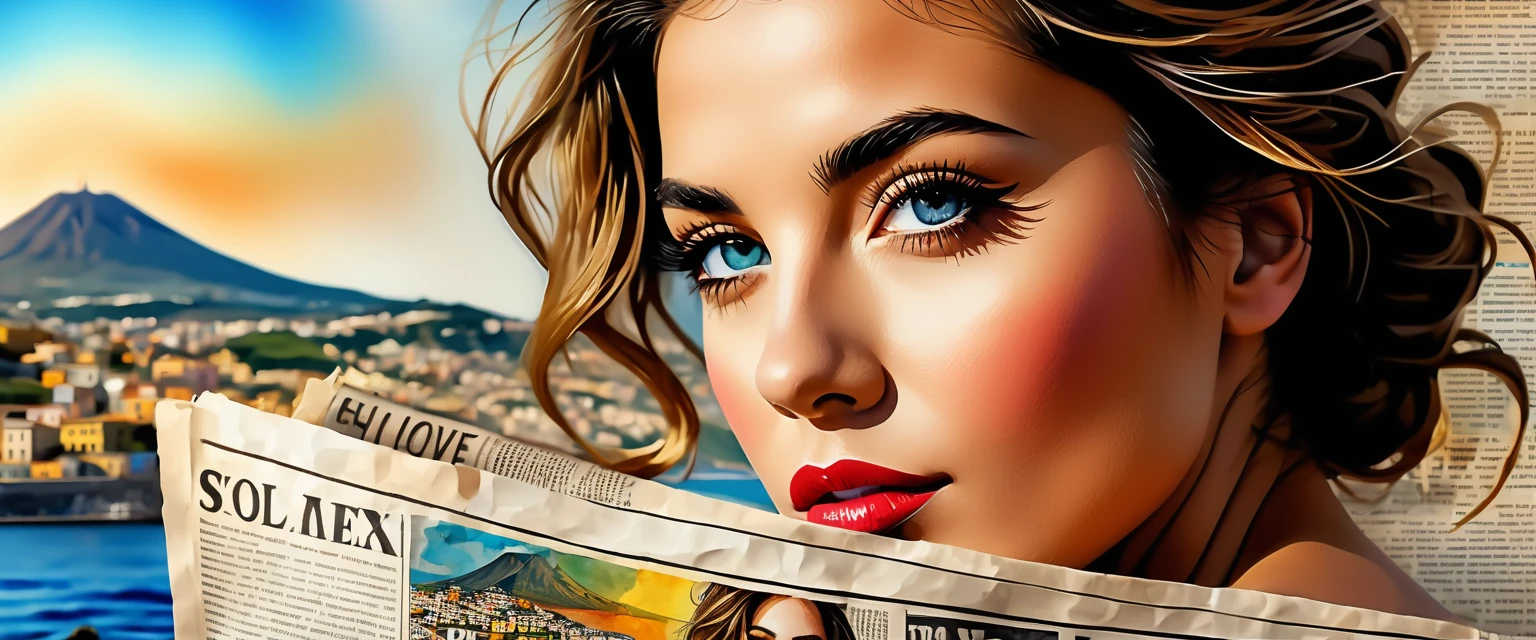 (ink on newspaper in the style of Loui Jover:1.5), woman, beautiful detailed eyes, beautiful detailed lips, extremely detailed face, long eyelashes, serene expression, NAPLES LANDSCAPE, VESUVIO, SEA, vibrant shifting patterns of color and light, inner thoughts and emotions, photorealistic, 8k, masterpiece, cinematic lighting, soft focus