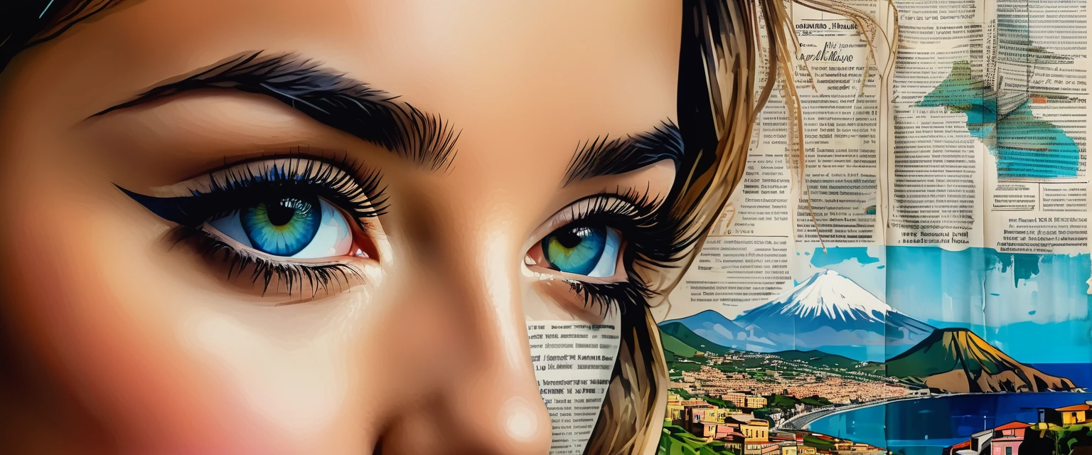 (ink on newspaper in the style of Loui Jover:1.5), woman, beautiful detailed eyes, beautiful detailed lips, extremely detailed face, long eyelashes, serene expression, NAPLES LANDSCAPE, VESUVIO, SEA, vibrant shifting patterns of color and light, inner thoughts and emotions, photorealistic, 8k, masterpiece, cinematic lighting, soft focus