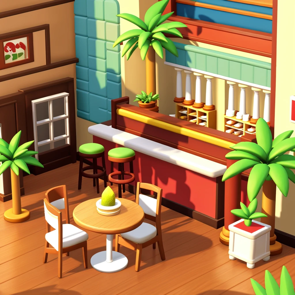 3D graphics, like in a game Interior of the restaurant with three columns in the center, a pair of large tables with soft chairs in light colors and wooden floor and a bar with plants 