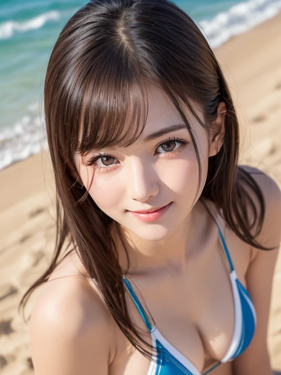 one girl, (a beauty girl, delicate girl:1.3), (24-years-old:1.3),
break, (Beach Volleyball Micro Bikini:1.3),Sandy Beach、smile:1.1、
break, Definition of very fine particles, (Symmetrical eyes:1.3),
break, Small breasts, Brown eyes, Parted bangs, Brown Hair,  girl, Double Bang、Droopy eyes、四つん這い
break, (Eye and facial details:1.0,Underbust:1.4、High Angle、From above、Face close-up)、
break, (masterpiece, Highest quality, Very detailed, Detailed face, 8K)