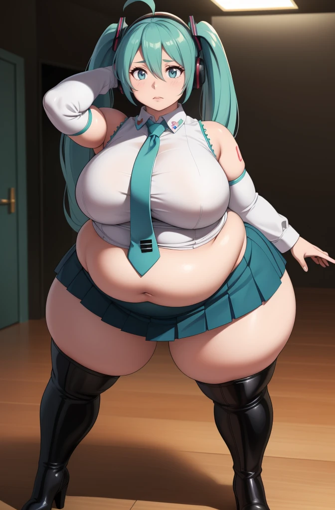 (best quality,4k,8k,highres,masterpiece:1.2), ultra-detailed, (realistic,photorealistic,photo-realistic:1.37), HDR, UHD, studio lighting, ultra-fine painting, sharp focus, physically-based rendering, extreme detail description, professional, vivid colors, bokeh, portraits, photography, (best quality,masterpiece:1.3), ( woman, milf),ll:1.2), anime, masterpiece, beautiful eyes, best quality, detailed face, 1girl, solo, beautiful, miku hatsune, ahoge, aqua eyes, aqua hair, crossed bangs, hair between eyes, hair ornament, headphones, long hair, twintails, aqua necktie, black footwear, black skirt, black sleeves, boots, collared shirt, detached sleeves, grey shirt, necktie, pleated skirt, shirt, skirt, sleeveless, sleeveless shirt, thigh boots, tie clip, huge belly, bloated belly, stuffed belly, plump, chubby, curvy, chubby girl, belly, big belly, fat belly,