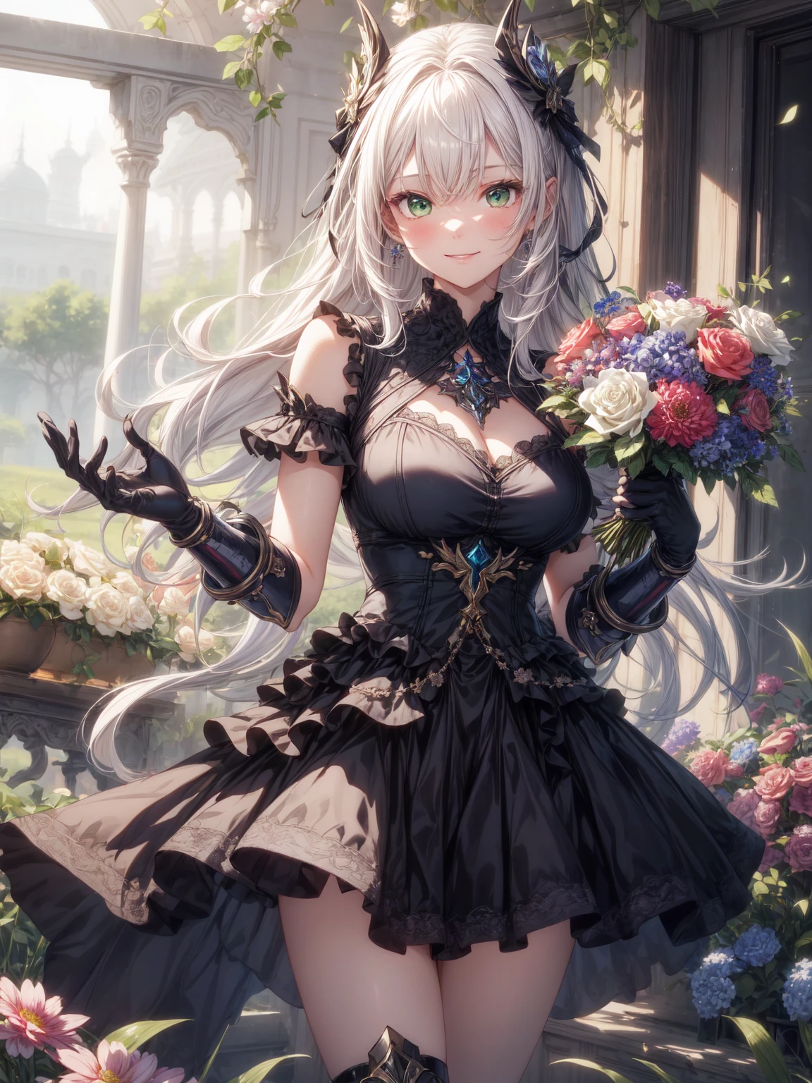 Be realistic,(masterpiece,Highest quality,Highest quality,Very detailed,Fractal Art,Most detailed,(Flower field background:1.5)(1 Girl),Kamimei,(Hair length),(Green eyes glowing、Your breasts will get bigger,Stunned),crystallization,sexy、Machinery Armor、Sunburned skin、(holding a bouquet of flowers in both hands:1.3)、break, (holding a bouquet:1.3),(mini skirt)、A kind smile