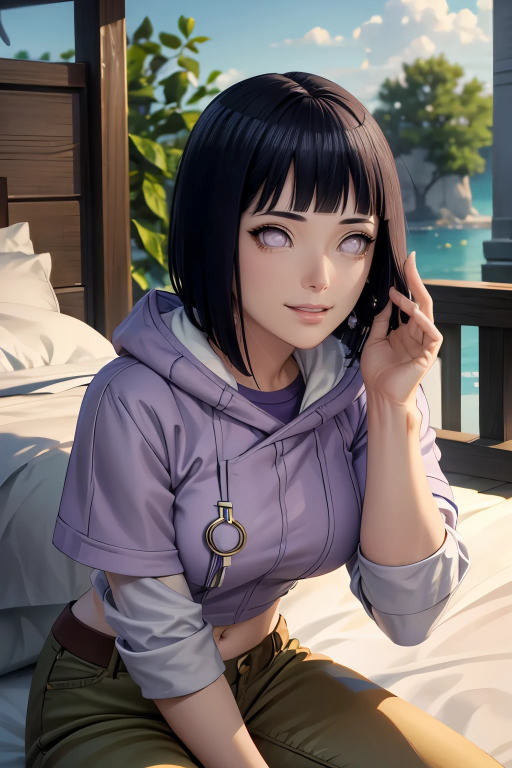 (best quality,4k,8k,highres,masterpiece:1.2),ultra-detailed,realistic,photorealistic:1.37,detailed eyes,beautiful detailed lips,pale.hinata hyuga wearing hoodie, layered sleeve, perfect figure, attractive rounded breasts, naughty smile, puffy lips, posing in sunshine, outdoor , purple layered hoodie, relaxed brown pants, attractive detailed eyes, fit waist, showing hip, ass show in bed, ass, taking selfie short hair