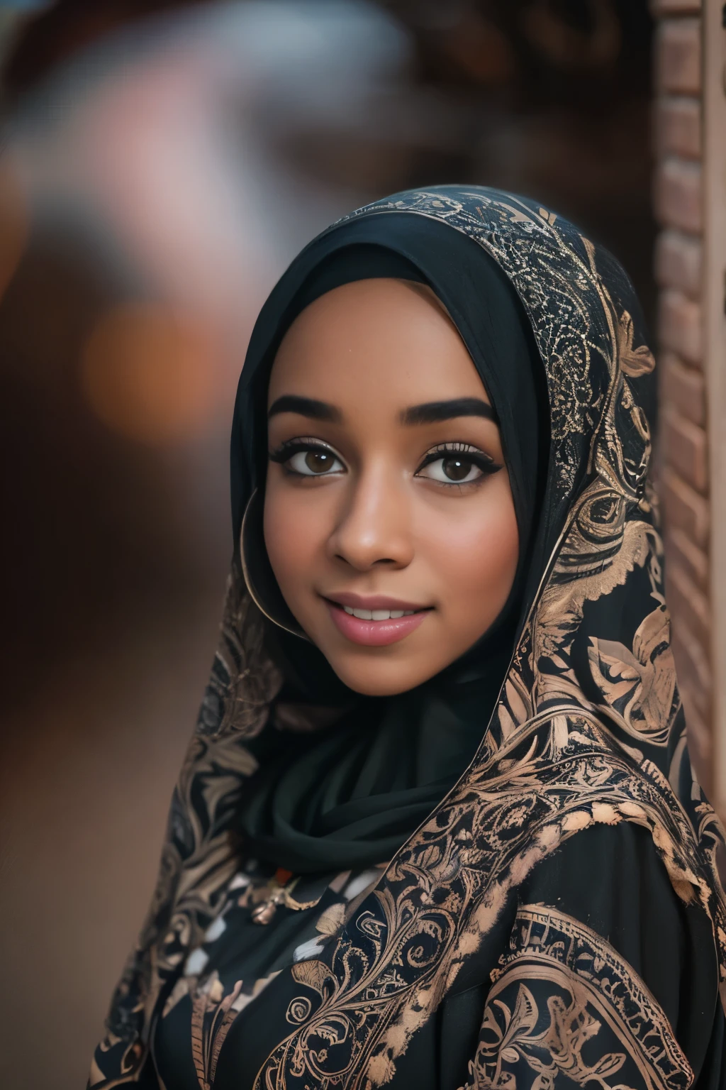 (Cute teen glamour model), gorgeous teen, ebony skinned arab, head and shoulders focus, youthful, young, teen, teenager, (looking at the camera), outdoor lighting, huge breasts, hijab, thin, skinny, dainty, delicate, no bra, black abaya dress