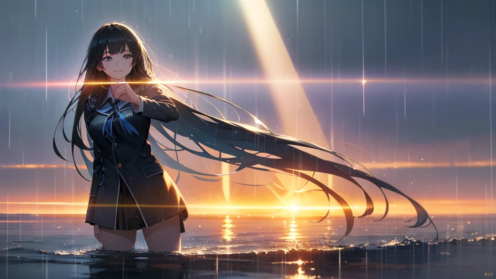 a beautiful smiling girl with long black hair, high school girl in uniform, clear sky, sun shining, rain falling, rain reflecting light, rays of light, full body shot, (best quality,4k,8k,highres,masterpiece:1.2),ultra-detailed,(realistic,photorealistic,photo-realistic:1.37),highly detailed, intricate, vivid colors, natural lighting, soft focus, elegant, graceful, cinematic