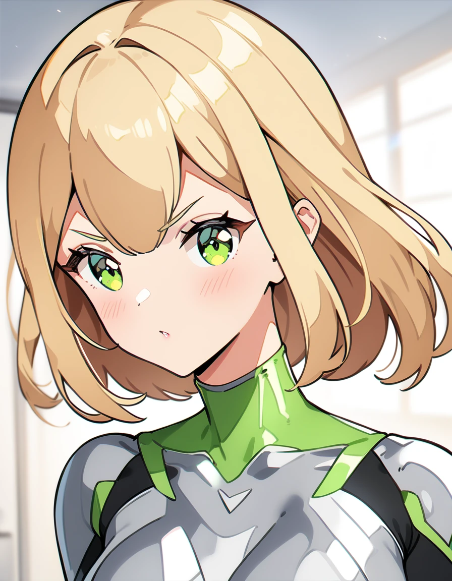 1girl,solo,Sala,original,blonde hair ,green eyes,silver metallic bodysuit,ultragirl,ultra-detailed,sharp focus,aesthetic,(best quality),lineartstyle