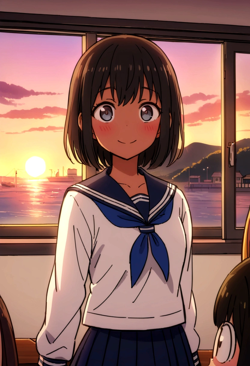 Highest quality、high resolution、Detailed Description、Detailed Background、Accurate depiction、animeスタイル、anime、Four Girlore than one person、元気なFour Girls、Dark Skin、Sailor suit、School、classroom、Chat、chatting、Black Short Hair、Big eyes、cute、Sunset、The window overlooks the harbor and the sea.