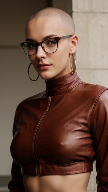Beautiful sexy woman. Caucasian. Shaved head. Feminine features. Large nose. Small smile. Round glasses. Loop earrings. Red leather jacket. Athletic build. Black crop top. Turtleneck. Black leather pants. Abs. Posing.