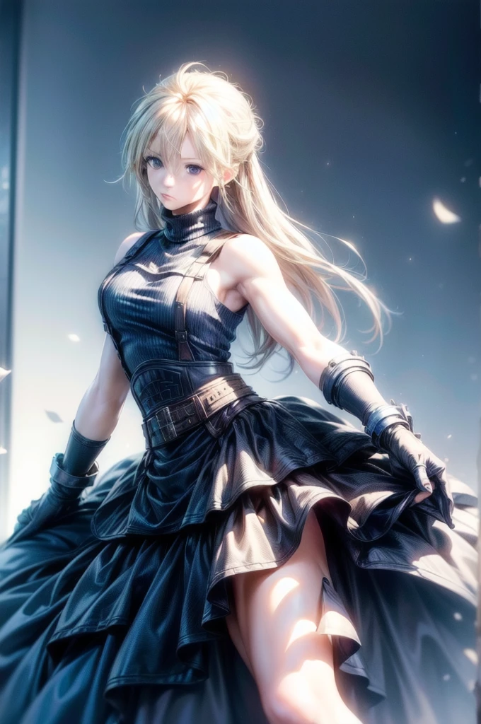 (masterpiece, best quality:1.2), expressive eyes, perfect face, highres, 1 girl, solo, (female:1.5), strife, blonde hair, shoulder armor, sleeveless turtleneck, suspenders, belt, gloves, bracer, standing, portrait, looking at viewer,