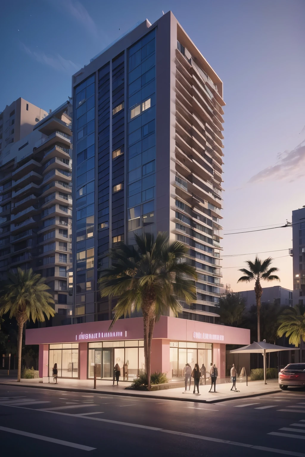 night project with 35-story commercial building, 25-story residential building with liquidambar vegetation,palmtrees,pink ipe,pine and bush, make 3D image become render