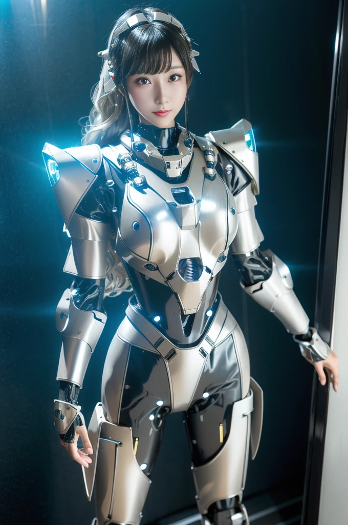 Super Detail, High Detail, high quality, best quality, High resolution，1 female robot，Beautiful female robot,beautiful clear face(Rain waves_haneame：1.5)， Mechanical body(Smooth metal surface，silver armor，Mechanical seams of skin，beautiful body curves)，Mechanical body structure,High-tech all over the body(Deva Battle Suit : 1.5)，Streamlined mechanical armor (Relatively thick，Highlight breast curves),Technology Antenna Hair Accessories