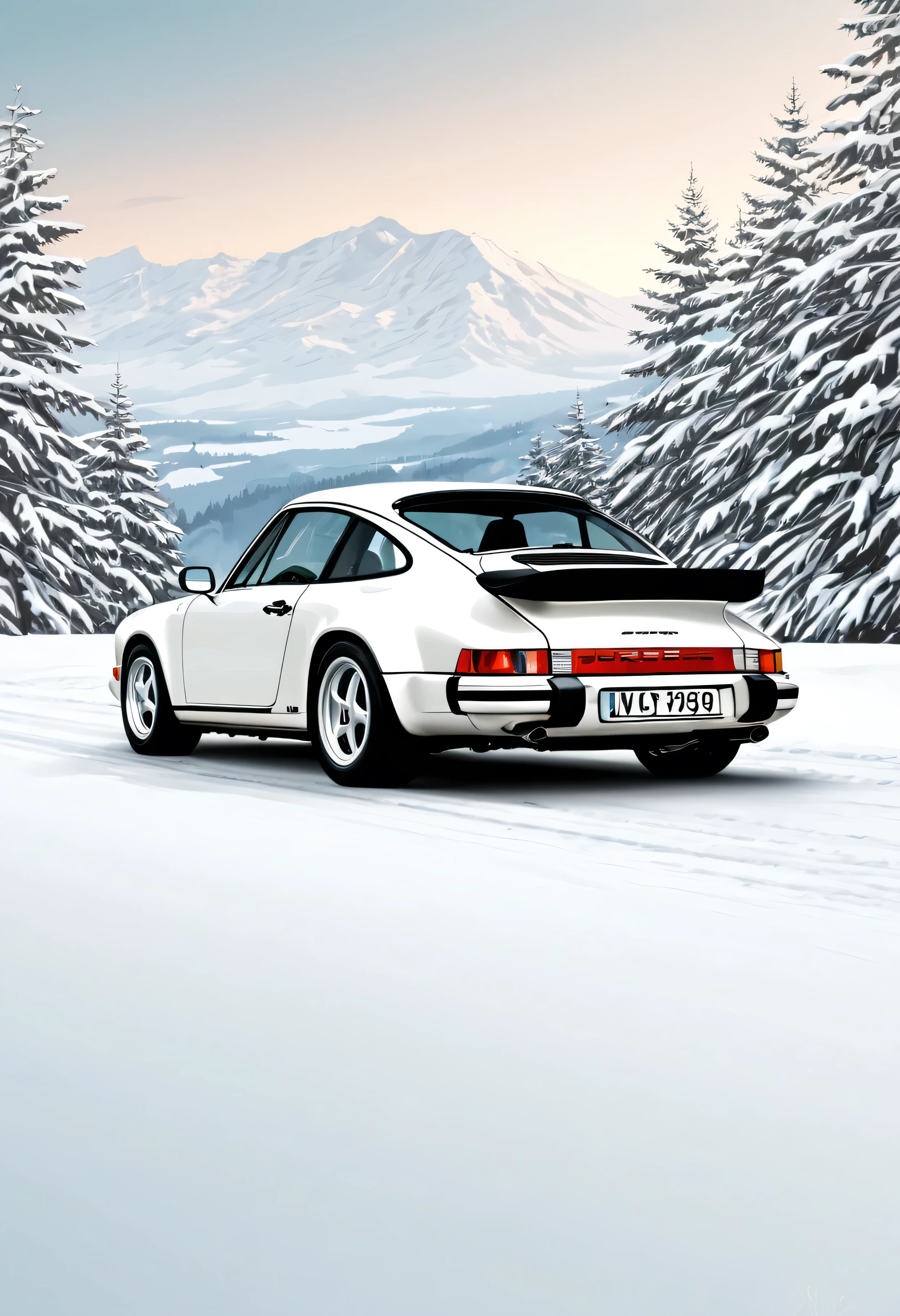 Magnifique Porsche 911 Carrera 3, blanche, 1990, vue de derrière, stylized digital illustration, very detailed digital illustration, Retro style art, detailed vector art, vintage illustration, realistic, 4k, fond de montagne enneigé