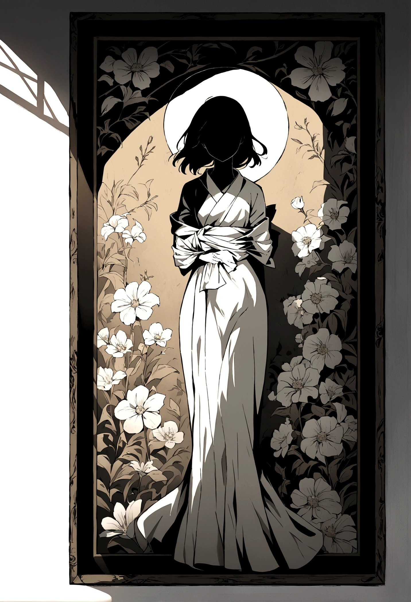 Illustration anime style, grisaille painting method, (girl's whole body, wrapped in fine light and shadow, flower motifs are drawn in detail with clear lines, the latest works of art, there is depth in the picture)