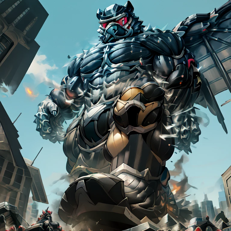 (masterpiece. official art. 8k. best quality. detailed full body. full body.)

(situation 1 : dominating Incineroar. Muscular Incineroar is trampling the CITY. macro. stomp. Low-angle perspective. emphasizing the immense size. The perspective is from below, emphasizing the sheer majesty and power of the Giant. giant art. He is much bigger than a skyscraper. Giga Giants. micro soccer field. looking down.)

(situation 2 :smoke and flames rising from the destruction in the city)

(Additional details 1: wearing a full-face helmet. helmet is jet black. The color of NANOSUIT is jet black. high-tech bio-mecha armor. real texture material. whole body shines like metal. Wearing cyberpunk mecha. emphasizes the muscles. suit fully made of metal. intricate armor. Robotic suit. NANOSUIT with the same design as Incineroar.).

(Additional details 2: (Detailed head. Detailed Body. Detailed abs. gigantic muscles. HYPER MUSCLES. Gigachad Muscular. big muscle. pecs. triceps. traps. unusually developed muscular body. body full of huge muscles. showing off muscles. pectorales enormes. Exaggeratedly huge muscles. huge muscles. long legs.).

(Additional details 3: nj5furry, Spread wings. It has wings. black have big wings. The claws are sharp. ).  (Incineroar has 5 toes.) 

 (Additional details 4: black color hyper penis. hyper black penis. big penis) (Additional details 6 : Spraying hyper cum up everywhere into the sky from his erect penis. wide spray of cum, covered in cum, cum splashing in front of camera, bukkake, earth is under a thick later of cum.) He is laughing defiantly.