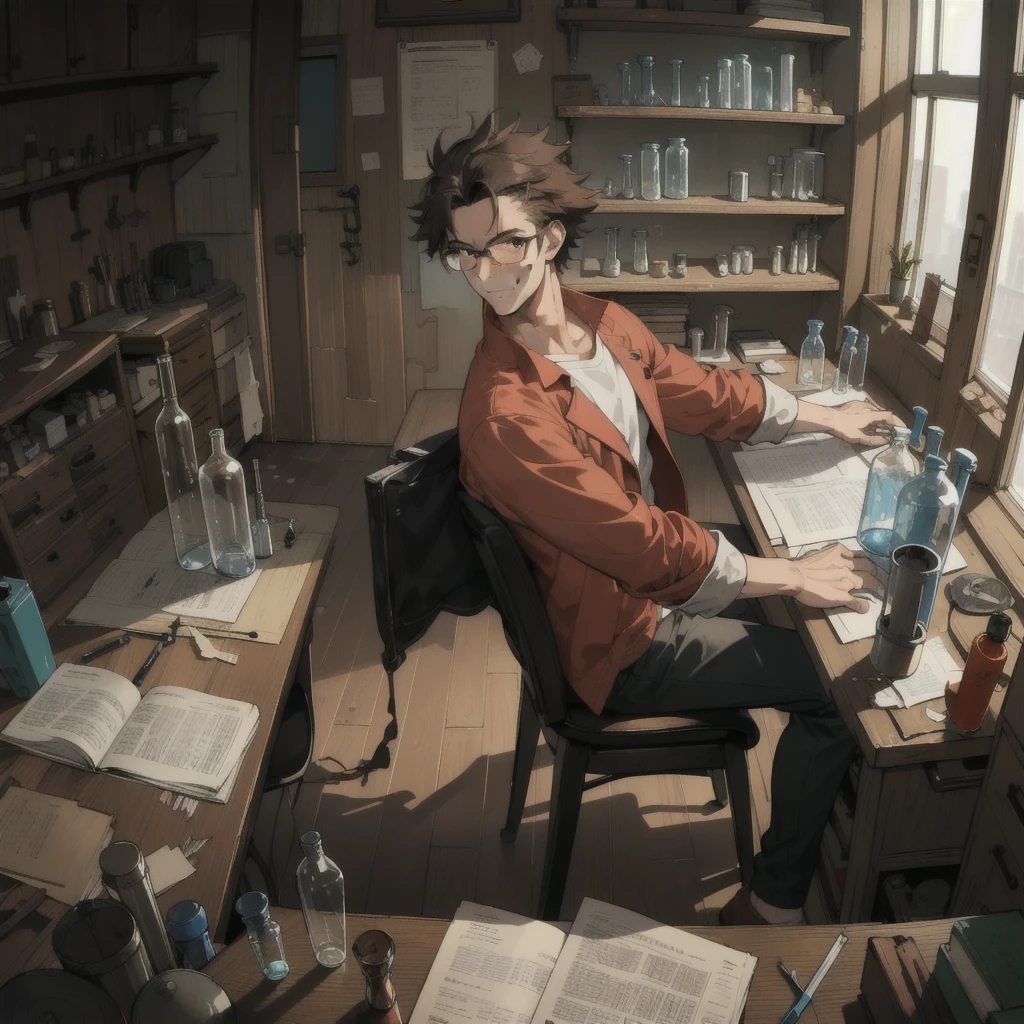 masterpiece, best quality, 1 male, adult, tall muscular, handsome, complicated laboratory, mad scientist, messy hair, forehead, glasses, wooden wall, desk full of junk, test tube, bottles, Window, sit on chair, hold test tube, evil smile, from side|from above