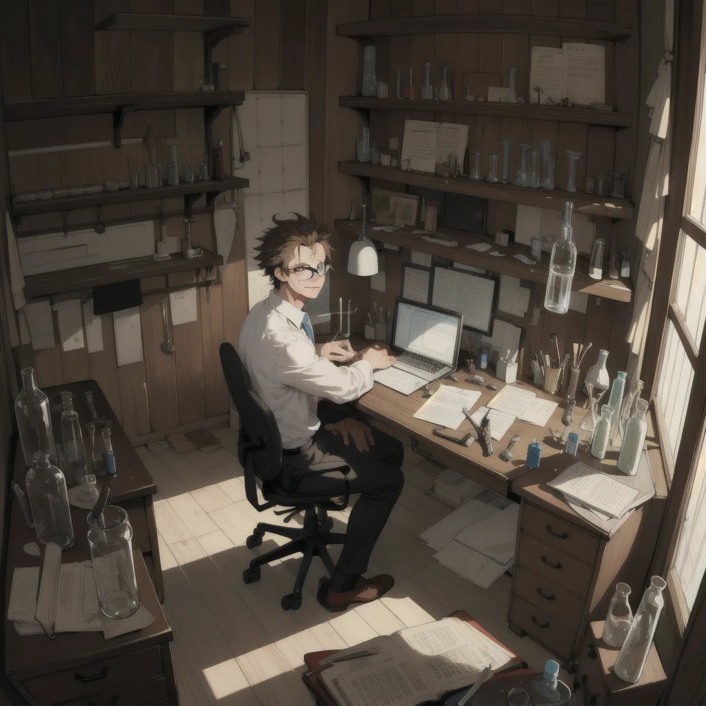 masterpiece, best quality, 1 male, adult, tall muscular, handsome, complicated laboratory, mad scientist, messy hair, forehead, glasses, wooden wall, desk full of junk, test tube, bottles, Window, sit on chair, hold test tube, evil smile, from side|from above