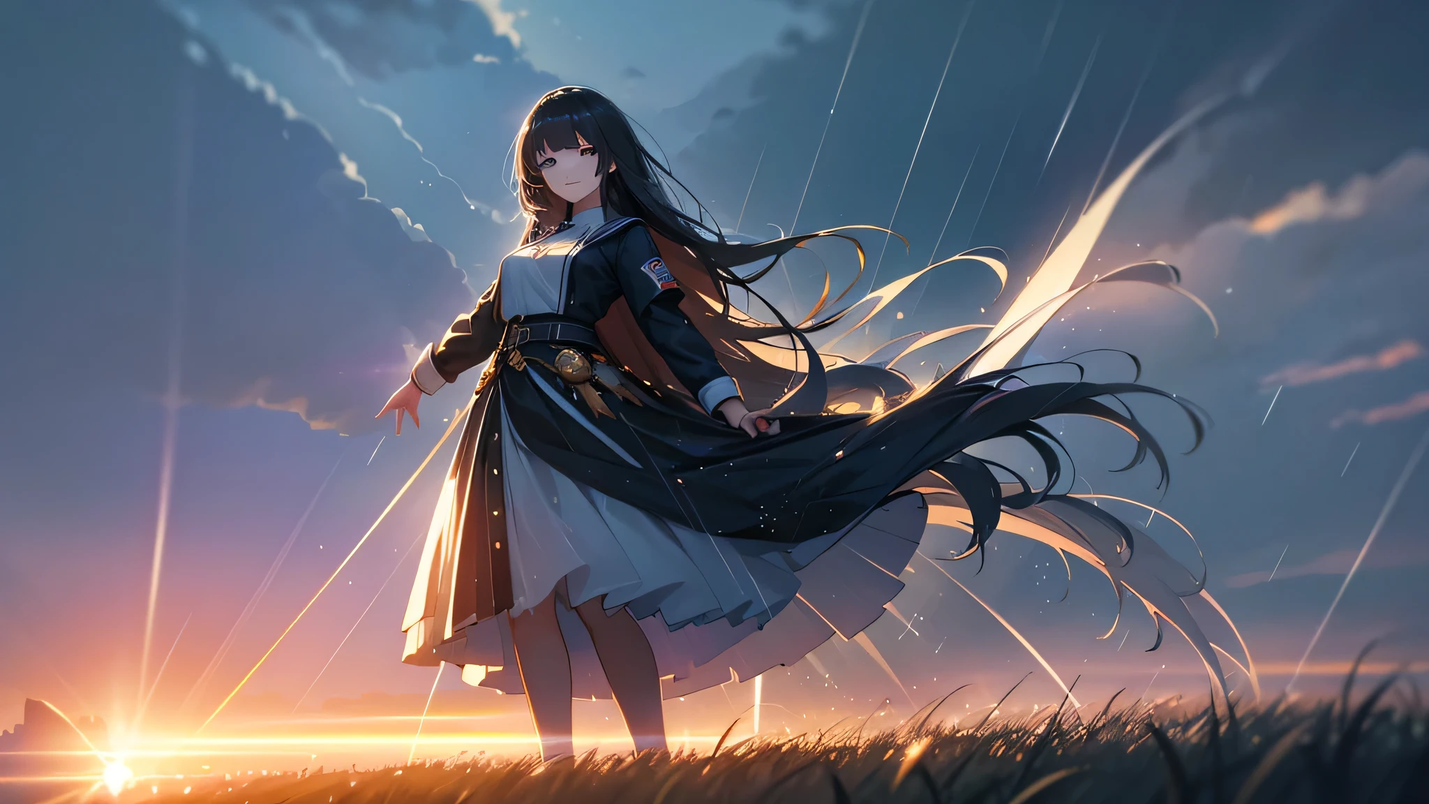 a beautiful smiling girl with long black hair, high school girl in uniform, clear sky, sun shining, rain falling, rain reflecting light, rays of light, full body shot, (best quality,4k,8k,highres,masterpiece:1.2),ultra-detailed,(realistic,photorealistic,photo-realistic:1.37),highly detailed, intricate, vivid colors, natural lighting, soft focus, elegant, graceful, cinematic