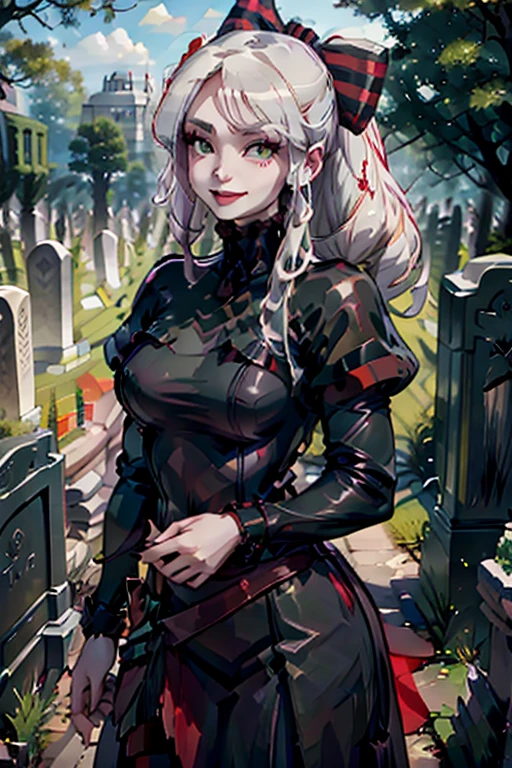 A young white haired woman with green eyes and an hourglass figure in a leather jacket and jeans is holding a skull in the cemetery at night with a big smile